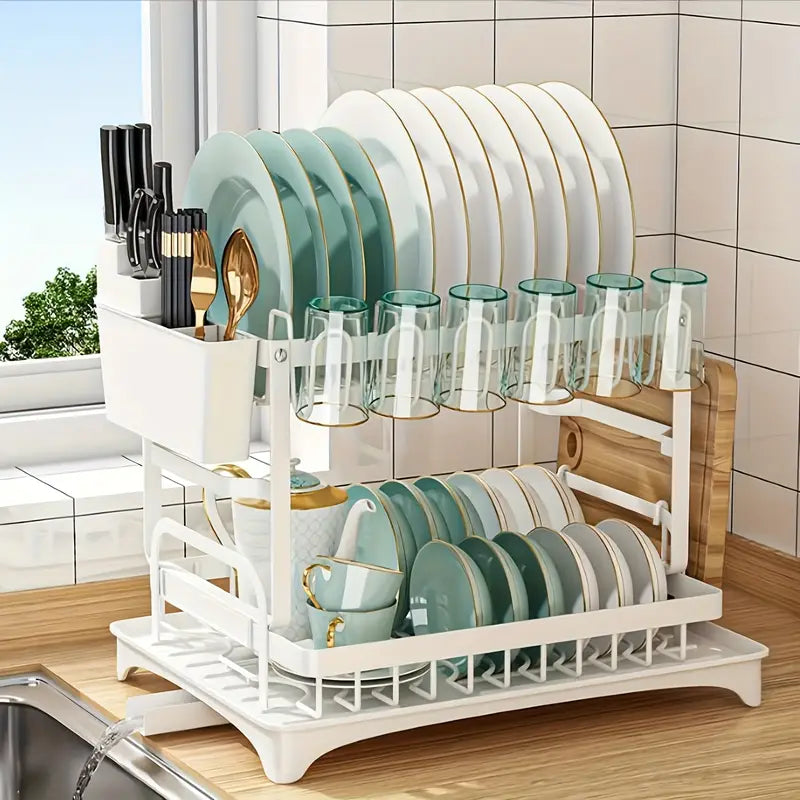 2-Tier Carbon Steel Dish Rack with Drainboard, Utensil Holder & Cup Hooks