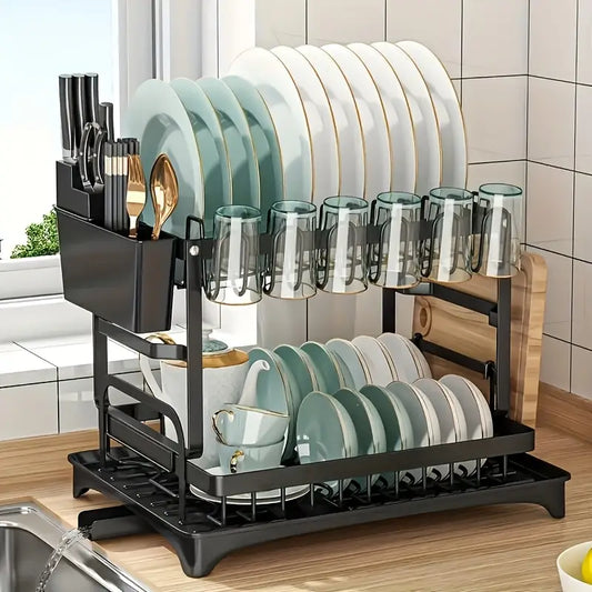 2-Tier Carbon Steel Dish Rack with Drainboard, Utensil Holder & Cup Hooks