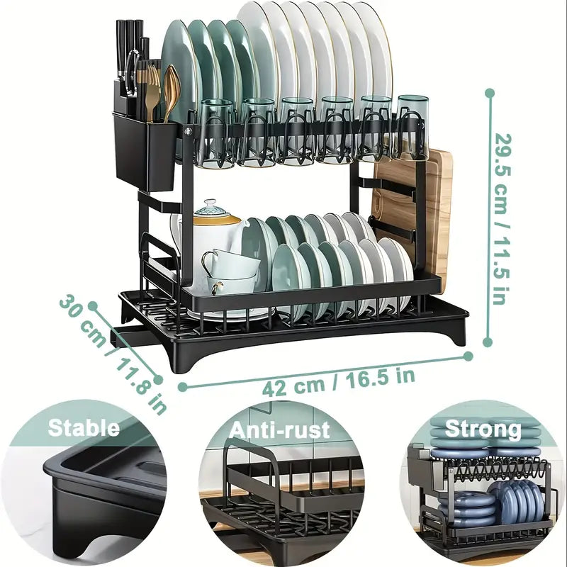 2-Tier Carbon Steel Dish Rack with Drainboard, Utensil Holder & Cup Hooks