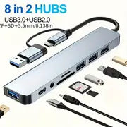 8-in-1 USB Hub with Audio Jack, Multi-Port Adapter for Tablets
